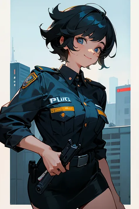 Downtown at night, Female police officer, Black Hair, She is smiling, Holding a pistol in his left hand, mini skirt, Looking up at her from the ground, looking at the camera