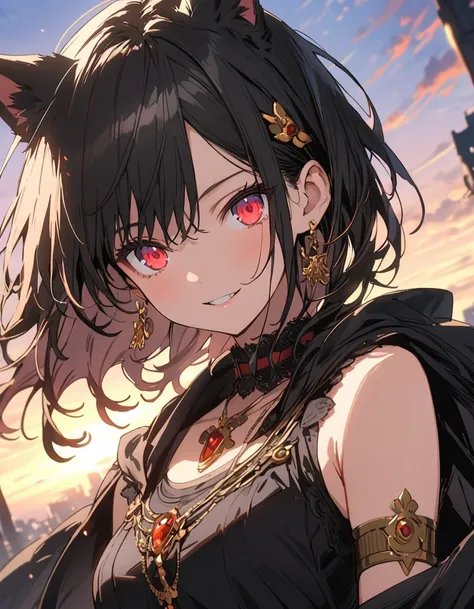 masterpiece, highest quality, 非常にdetailedな, figure, One girl, Long black hair, eyes bright red, Wolf Ears, Black Cape, Fluffy collar, sunset、(highest quality、masterpiece、High resolution、detailed)、animeスタイル、Flat Style、(Shining Eyes、detailed美しい顔),  BREAK、ext...