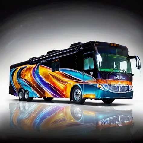 Etched Glowing Crystallized Diamonds bordereffect, firefox contoured flames, Full-length  Exterior View, Intricately designed 60ft $250,000 LUXURIOUS Motorhome, Masterpiece, bilineareffects, gradient glow diamond effect, the chrome grille featuring an illu...