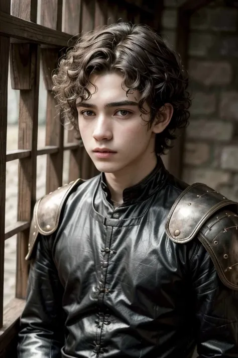 Joven, 18 year old boy very curly hair, game of thrones, looking ahead to the horizon, mirada intimidante, abrigo de piel con pelo, imagen de la cintura para arriba, sin barba, sin pelo en la barbilla, rasgos finos, delgados y delicados, lindo