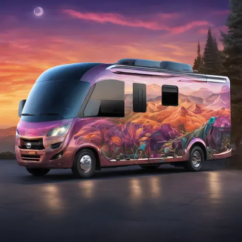 Etched Glowing Crystallized Diamonds bordereffect, firefox contoured flames, Full-length  Exterior View, Intricately designed 60ft $250,000 LUXURIOUS Motorhome, Masterpiece, bilineareffects, gradient glow diamond effect, the chrome grille featuring an illu...