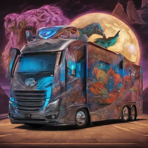 Etched Glowing Crystallized Diamonds bordereffect, firefox contoured flames, Full-length  Exterior View, Intricately designed 60ft $250,000 LUXURIOUS Motorhome, Masterpiece, bilineareffects, gradient glow diamond effect, the chrome grille featuring an illu...