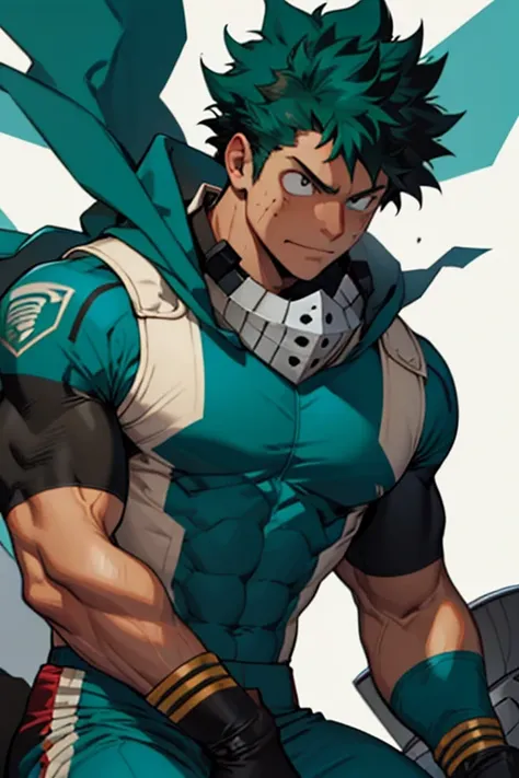 Un Izuku Midoriya con la musculatura de All Might , With toned and robust muscles, His strength and endurance would be unmatched.. His All Might-inspired suit would be a perfect combination of style and functionality., with the characteristic design in the...