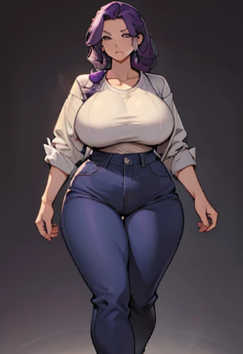 ((Human female 40 ager)), solo , purple hair  ,  manga Style ,big wide hips  , wearing Pants 