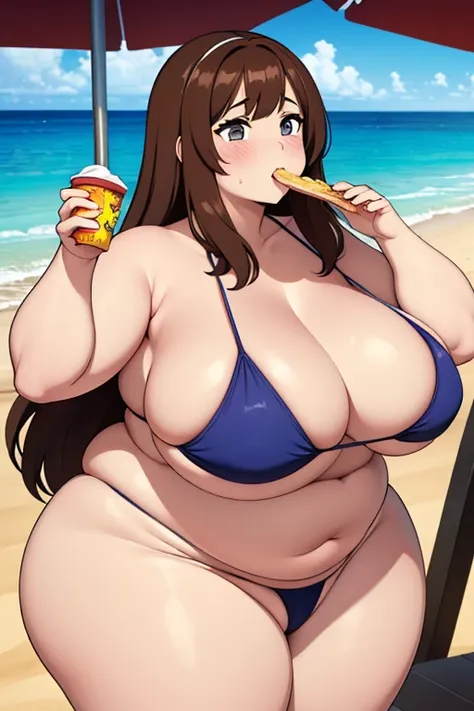 make brownhaired ssbbw ultra fat girl and she stuffing more fastfood in too small bikini on beach