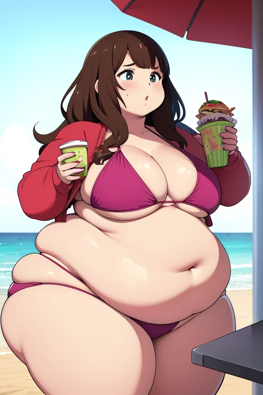 brownhaired, ssbbw ultra fat girl, she stuffing more fastfood, too small bikini, beach