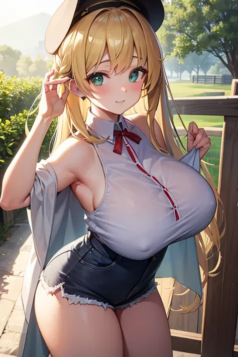 from side, (gigantic breasts:1), cap, green eyes, lolicon, rural town, blonde hair, shiny skin, :3, sun rays, white camisole, short shorts, wide hips, parted bangs, camisole overhang