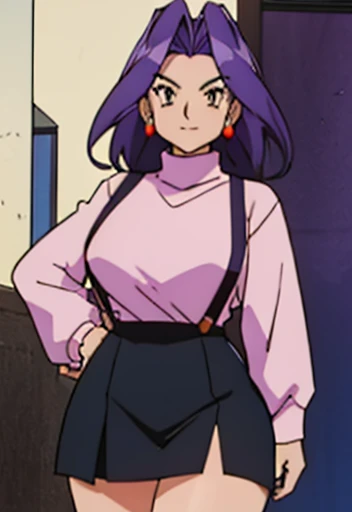 ((Human female Elder ager)), solo , purple hair  ,  manga Style ,big wide hips  , wearing skirt , Sweater  ,