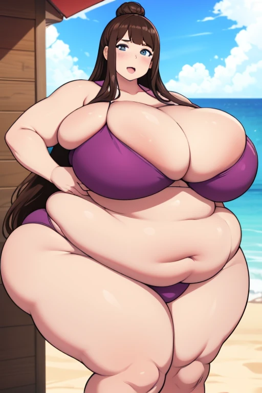 brownhaired, ssbbw, fat, chubby, 400kg, ultra heavy girl, she eat more fastfood, too tight bikini, beach