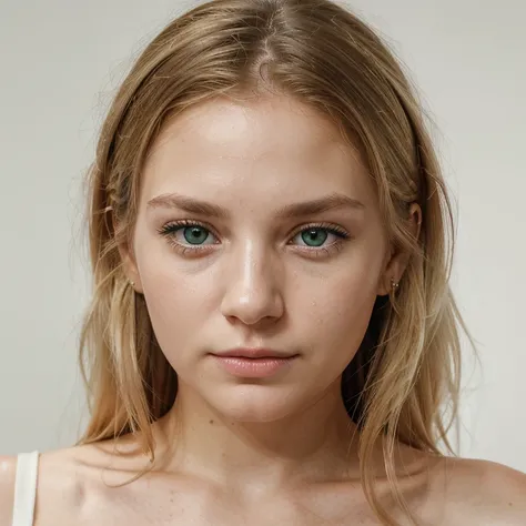 A Portrait of a white woman looking at the viewer. Head and shoulders portrait, 30 years old, with dirty blonde hair at shoulder length, green eyes, Oval and heart face shape, angular jaw, normal face length, detailed face, detailed skin, nose piercing, st...