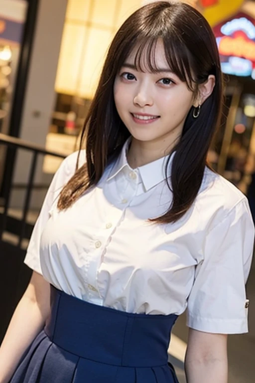 ((highest quality)), ((masterpiece)), (detailed), Perfect Face, smile, amusement park, クローズアップSuper thin waist, Huge breasts spilling out of her shirt, Accentuate larger breasts, Japan teenager, A tight white button-down business shirt, Remove all buttons,...