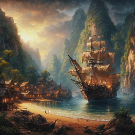 Painting of a ship in a bay with a village on the shore, 4K hochdetaillierte digitale Kunst, Beautiful oil matte painting, Fantasie-Matte-Painting，Niedlich, hochwertiges Matte Painting, beautiful digital artwork, beautiful matte painting, by Johfra Bosscha...