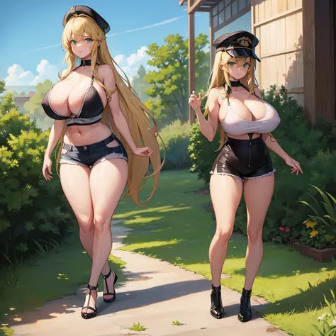 2girls, (gigantic breasts:1.3), cap, green eyes, rural town, blonde hair, shiny skin, sun rays, white camisole, short shorts, wide hips, parted bangs, (camisole overhang:1) :o