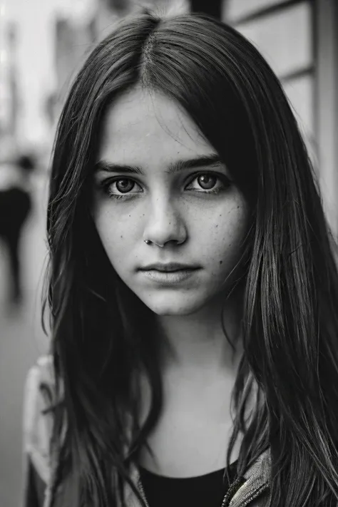 portrait photography of young street girl with captivating eyes, long dark hair, fashionable clothing, staring into the camera, ...