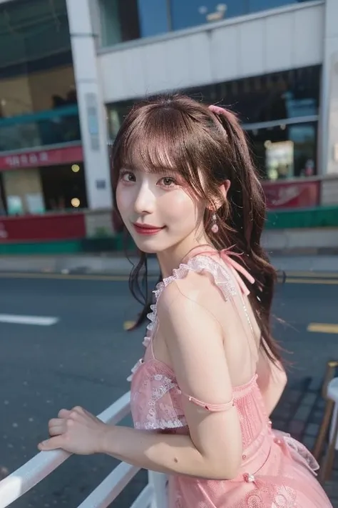 highest quality,masterpiece,Realistic,High resolution,超High resolution,8k,Very detailed,8k, 1peopleの女の子, (Huge breasts), Day, bright, Outdoor, (street:0.8), (people々, crowd:1), (lace trim dress:1.5, Pink clothes:1.5, Swimwear, Pink Dress: 1.5), nice, (Medi...