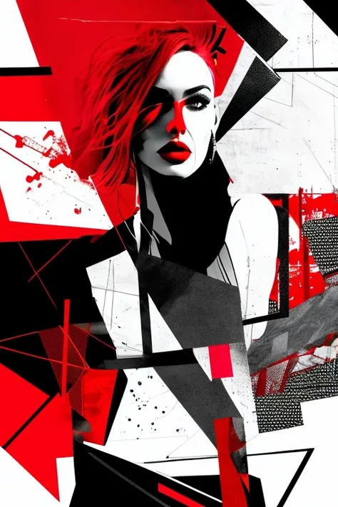 A bold portrait of a beautiful woman, mixed media, fusion, collage, digital artwork, color palette of black, white, shades of gray, red splashes, red color pop, flat,   fragmented, chaos, complex, overlapping textures and elements, gritty, urban,  dynamic,...