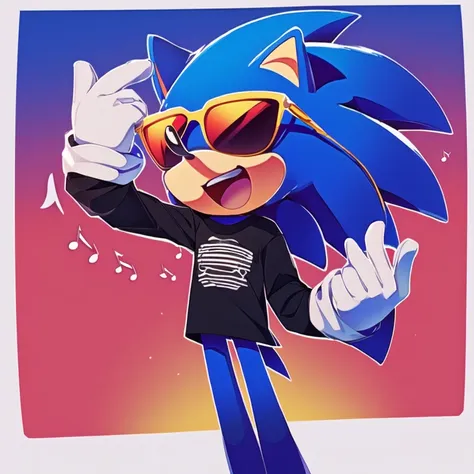 sonic the hedgehog in grey jeas longsleeve shirt, rounded sunglasses, singing, anime style