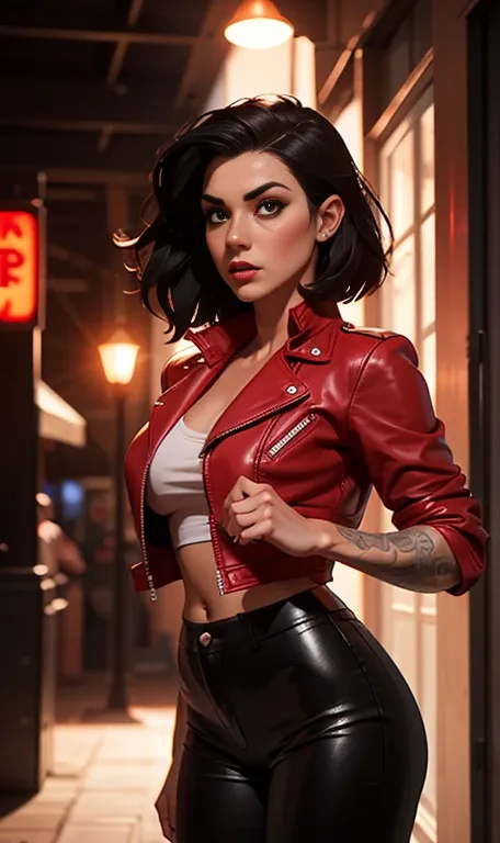 jessica nigri, vampire with short black hair, fair skin, wearing a red leather jacket and tight black leather pants, front view,...