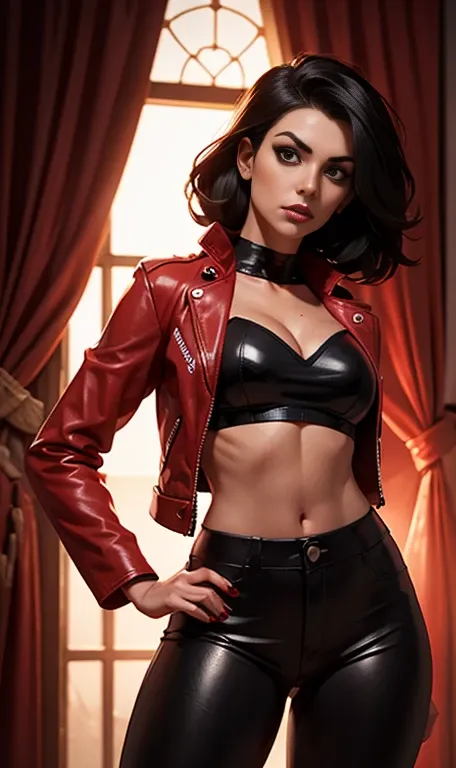 jessica nigri, vampire with short black hair, fair skin, wearing a red leather jacket and tight black leather pants, front view,...