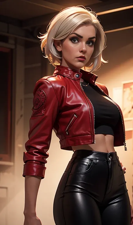 Jessica Nigri, with short platinum hair, fair skin, wearing a red leather jacket and tight black leather pants, front view, dynamic pose, ambient lighting, photo realistic, intricate facial details, intricate hand details, highly detailed, colors vivid, ci...