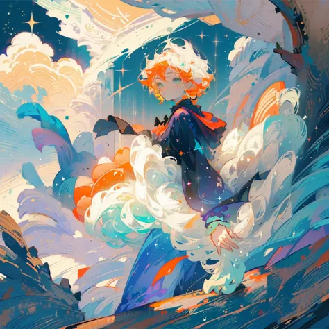 Magician, boy, orange hair, short hair, big green eyes, glitter in the eyes, pale, flying in the sky on a magic broom, magic, cloud, wind, flower, flowery mountain, pants, castle, close-up face.