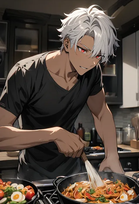 Handsome, solo, 1 male, short hair, white platinum hair, red eyes, black shirt,  light tan skin, cooking food, 