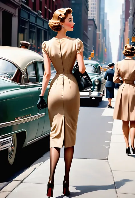 A woman walks down New Yorks 5th Avenue in the 1950s. (((She is wearing a tight calf-length sheath dress))), typical of the time, ((long tan nylon stockings with seams:1.4)), handbag. Camera perspective from behind, Ballantyne, (close up legs:1.5), (((350m...