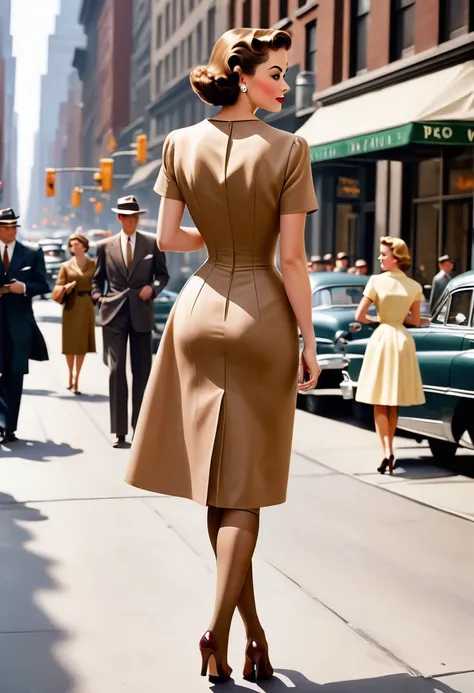 A woman walks down New Yorks 5th Avenue in the 1950s. (((She is wearing a tight calf-length sheath dress))), typical of the time, ((long tan nylon stockings with seams:1.4)), handbag. Camera perspective from behind, Ballantyne, (close up legs:1.5), (((350m...