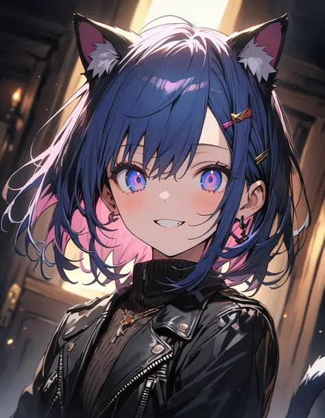 Cool boy with purple and blue hair:2, Striped Hair, Short Hairstyles, Wearing goggles and a leather jacket, Colorful Tattoos, detailedなアクセサリー, ([Cat tail and ears]:1.3), (複雑なdetailed), High resolution, (複雑なdetailed, 超detailedな:1.2), Cinematic shots, Vignet...