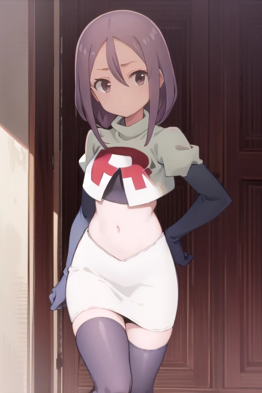 solo, 1girl, looking at viewer, 2D, anime, anime coloring, team rocket,team rocket uniform,white skirt,red letter R,crop top,black thigh-highs,black elbow gloves, urushi yaotome, , looking at viewer