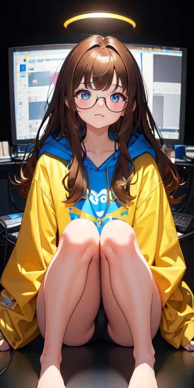 [(Transparent background:1.5)::5],(((masterpiece))),(((best quality))),(((extremely detailed))),illustration, 1 girl, solo, girl sitting in front of computer screen, wearing round glasses, yellow oversized hoodie (Honey brown hair),(brown eyes), full body,...