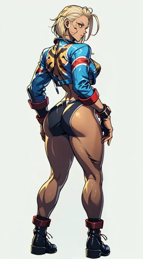 Drawing of cammy_white, cammy sf6,1girl, solo,  bang, scar on cheek, blonde hair, blue eyes, short hair, (((Plain background:1.2))) (masterpiece, high quality:1.1) 1girl solo full body squatting looking to the viewer, view from below, hairstyle short bob h...