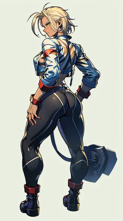 Drawing of cammy_white, cammy sf6,1girl, solo,  bang, scar on cheek, blonde hair, blue eyes, short hair, (((Plain background:1.2))) (masterpiece, high quality:1.1) 1girl solo full body squatting looking to the viewer, view from below, hairstyle short bob h...