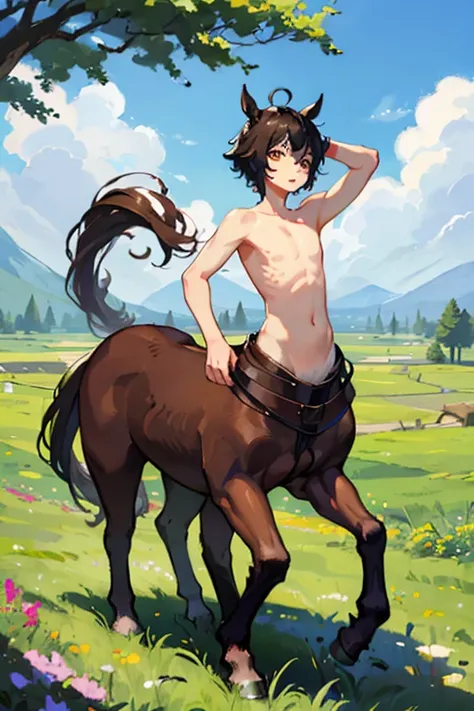 Male  Centaur、8-year-old、naked、Delicate face、Face is the main、Upper Body Center、grassland、Ultra HD、dance、Masterpiece