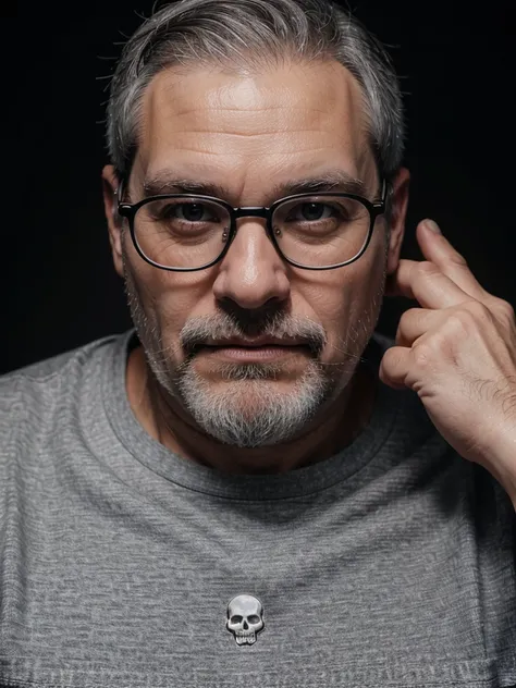 a white geek man, a little chubby, around 50 years old, short gray hair, gray beard, using glasses, black shirt with a white skull, 8k, photo, ultra realistic