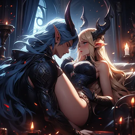 female adult elf with darkblonde hair, and a male elf dark blue long hair and demon horns male with dark blue hair and demon horns having sex, sex, dominant male