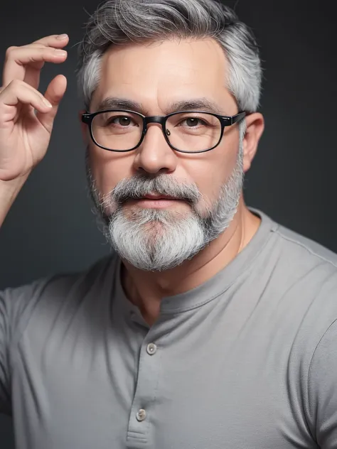 a white geek man, a little chubby, around 50 years old, short gray hair, gray beard, using glasses, black shirt with a white sku...