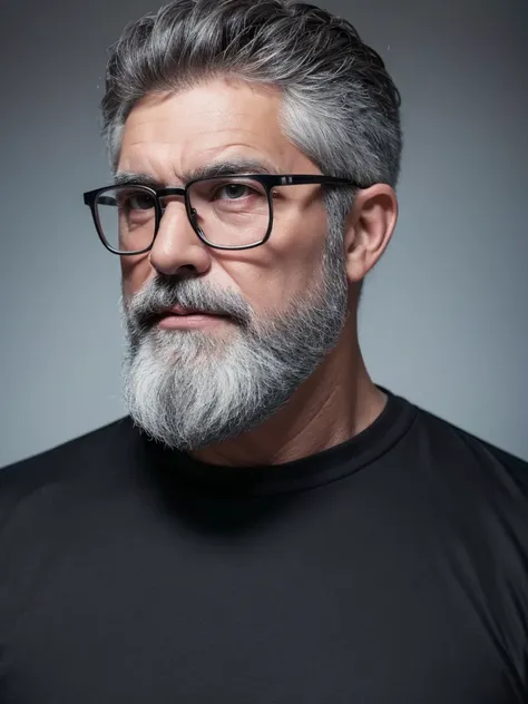 a white man, a little chubby, 50 years old, short gray hair, gray beard, using glasses, black shirt with a white skull, 8k, phot...