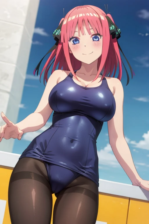 best quality, ultra-detailed masterpiece, anime art style, cute character, nino nakano, large breasts, blush, smile, one-piece swimsuit, pantyhose,