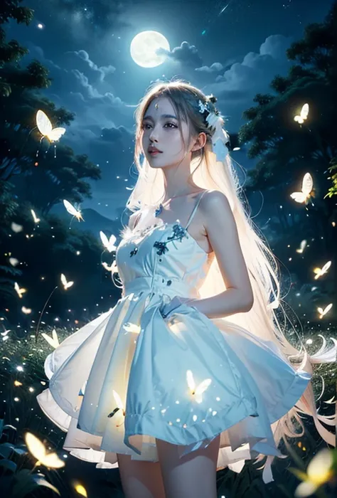 white dressed Goddess, surrounded by glowing butterflies and fireflies, full moon in a magical land, (High res, masterpiece, best quality),