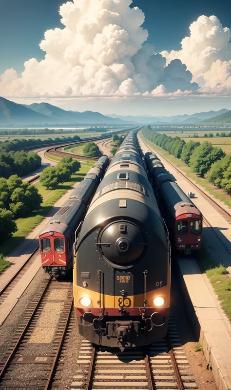 Anime train crossing track in sky background, beautiful and harmonious scene, exquisite animation, rich details (width is 672), high quality, clarity 4k, artistic 4k wallpaper, stunning anime landscape, 8k art wallpaper.