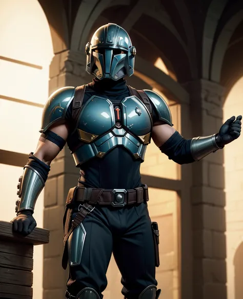 Muscular mature male Djin Djarin，aged 40，Solo，short detailed hair，Slag，Well-developed muscles，vast Djin Djarin pecs，Wide shoulders，Thick-breasted，Huge crotch bulge，tight Mandalorian uniform，Lace-up trousers, slim Djin Djarin waist, Stand up，full bodyesbian...