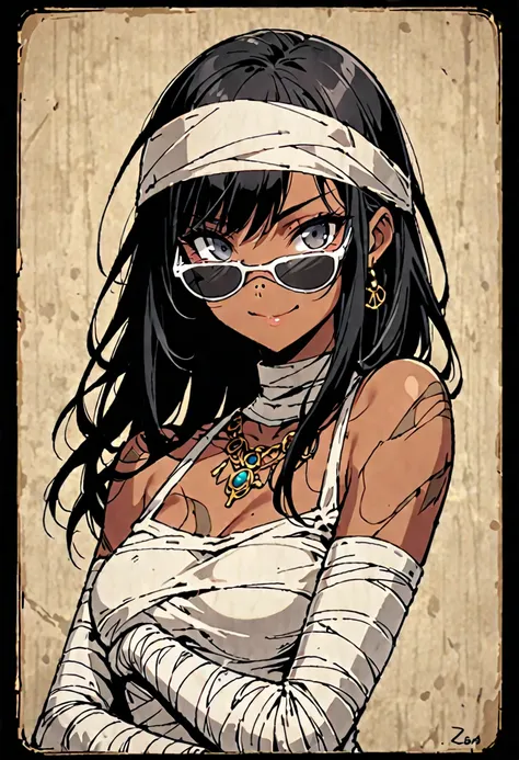 solo, female, mummified, tan skin, long black hair:1.2, bandaged body:1.2, small_sunglasses:2, black_circular_frame_sunglasses:1.7, bandaged_arms:1.6, bandaged_torso:1.2, bandaged_neck:1, bandaged_head:1.2, ancient, SFW, sunglasses_on_nose:1.2, smile, face...