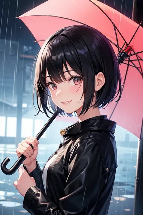 1girl,solo,black hair,short hair,smile,face focus,rainy, hold an umbrella,clothes wet