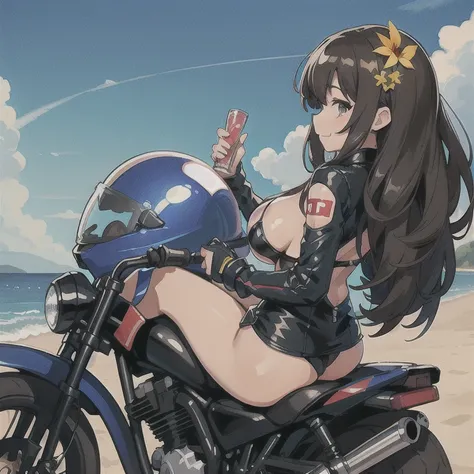 highest quality, masterpiece, High resolution, Two beautiful girls, Long black hair, amount, Brown hair shortcut, Fluttering Hair, trip, motorcycle, Race, circuit, Super Sports, Moto GP, smile, sidecar, Racing Suits, Leather satisfies everything, rider, He...