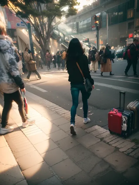 People walking on the sidewalk with luggage and suitcases, candid Street Photographygraphy, Walking away from the camera, people on the road, Street Photographygraph, wandering In the city, Street Photographygraphy style, Walking away from the camera, Stre...