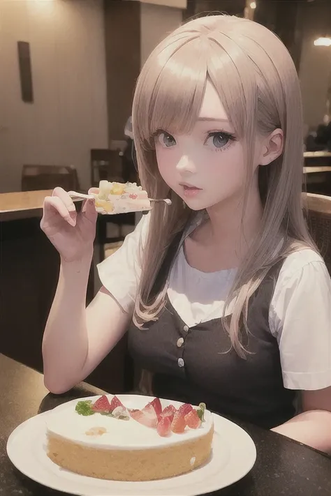 Sitting at the table、Girl eating a whole cake, hyper Realistic Anime, Real life anime girls, Realistic Anime, a Surreal , Realistic - Anime, Realistic Anime 3 d style, photoRealistic Anime, Surreal , Anime Food, Ultra-realistic photo of a whole cake,  Real...