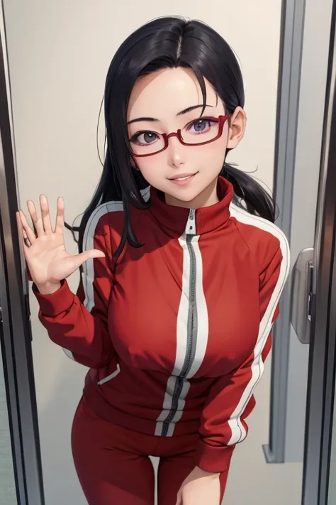 masterpiece, best quality, satou sakie, glasses, track jacket, red pants, looking at viewer, large breasts, upper body, portrait, looking at viewer, parted lips, smile, hand on own chest, from above, jacket open.