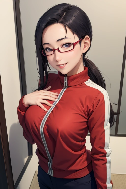 masterpiece, best quality, satou sakie, glasses, track jacket, red pants, looking at viewer, large breasts, upper body, portrait, looking at viewer, parted lips, smile, hand on own chest, from above, jacket open.