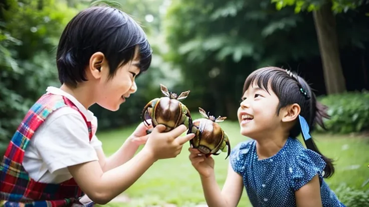 田舎でChildren playing with beautiful stag beetles、Children playing with beautiful stag beetles、